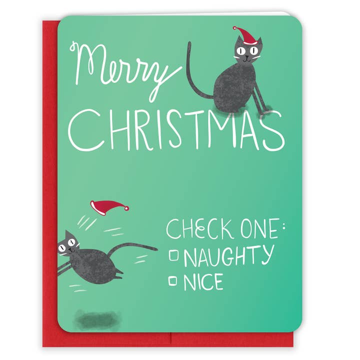 Naughty or Nice Cat Weihnachtskarte für den Großhandel von Paper Loop | Hand-Painted Greeting Cards