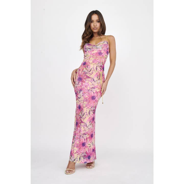PINK COWL NECK LACE FRONT DETAIL MAXI DRESS for wholesale on Faire