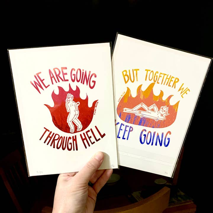 Demonisch Duo Diptiek "We Gaan Door de Hel Maar Samen Blijven We Doorgaan" (2-Pack Kleine Prints) voor wholesale door Hijinx Mixed Media