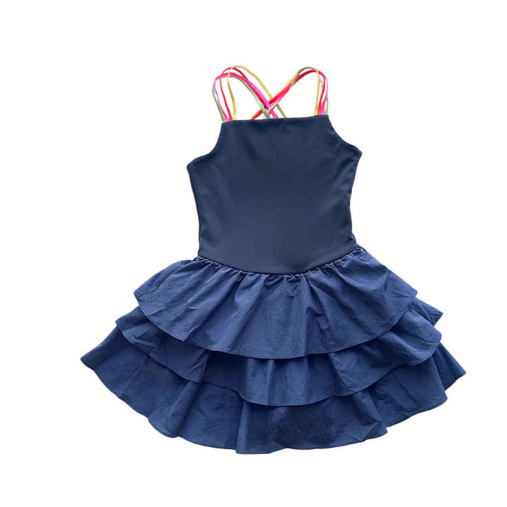 Vestido de Ténis Azul Marinho com Alças Cruzadas por atacado de Little Olin