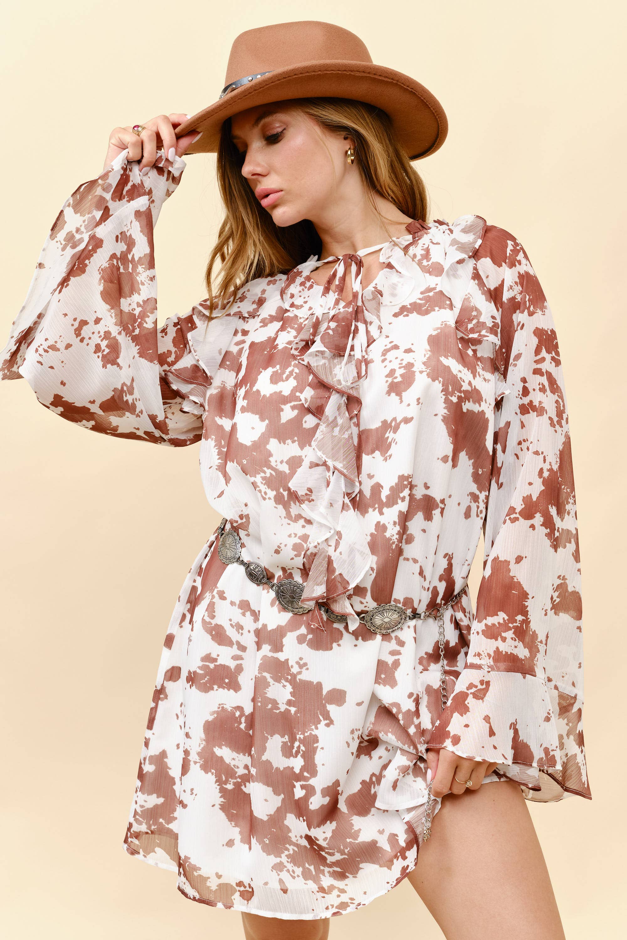 Tea & Cup - Wholesale Dress - Women's - Cow print ruffle front Mini Dress4