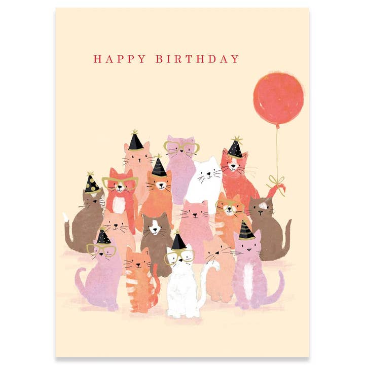 CAT PARTY BIRTHDAY GREETING CARD 4.5 x 6.25" for wholesale by Calypso Cards LLC