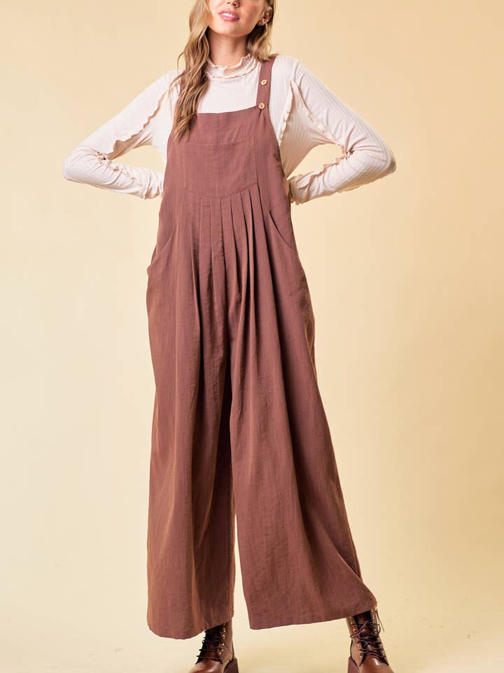 BUTTON STRAP POCKET WIDE LEG SLEEVELESS JUMPSUIT - 27514R for wholesale by Doe and Rae