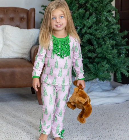 Sugar Bee Clothing - Wholesale Sleepwear Set - Kids - Christmas 2025 Pajamas - Ruffle Buttflap - Pink Trees 3
