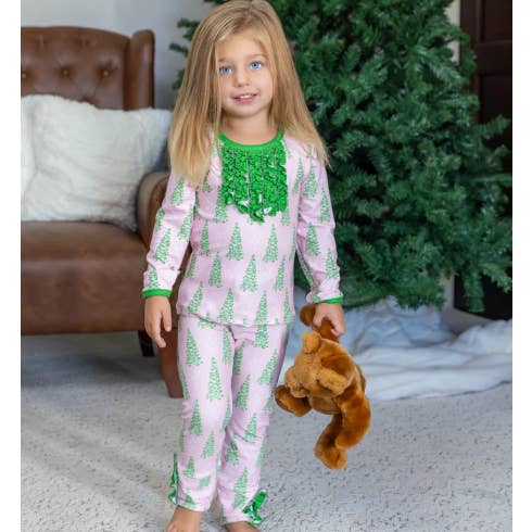 Sugar Bee Clothing – wholesale Sleepwear set – Kids – Christmas 2025 Pajamas - Ruffle Buttflap - Pink Trees 3