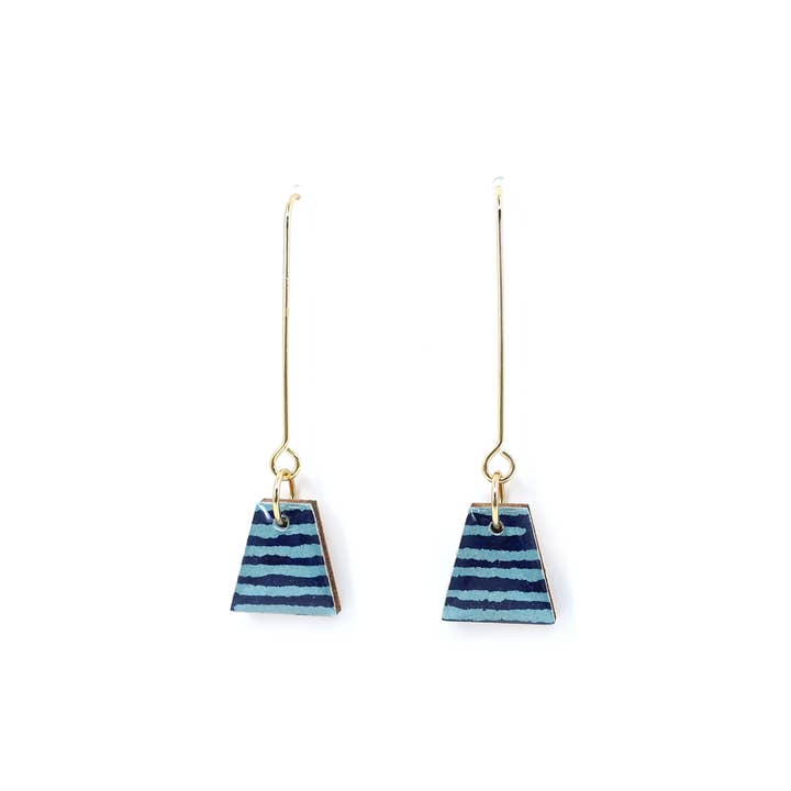 Blue striped Washi long earrings with 18K gold plated hook for wholesale by autumn + tree