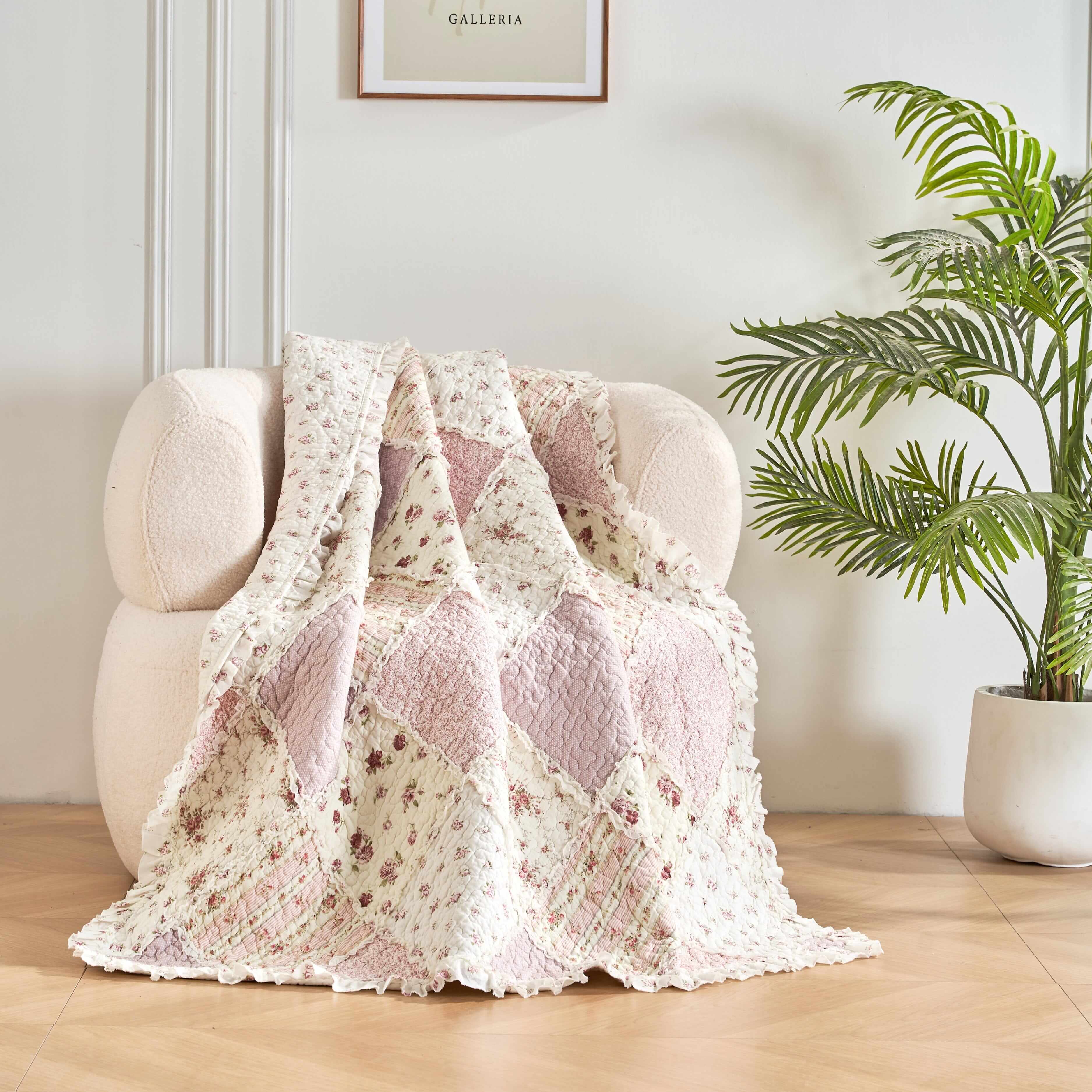 DaDalogy Bedding - Wholesale Throw Blanket - DaDalogy Cotton Patchwork Throw Blanket - Floral Cottage Quilted Reversible Blush Pink & Cream Shabby Chic Botanical Ruffle Design - Vintage Garden Rose Pastel Accents (3031)- 50 x 6012