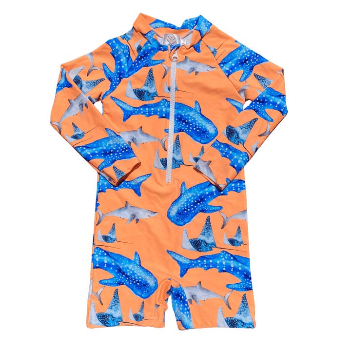 PREORDER Fluro Orange Sharks Unisex Long Sleeve Zip Swimmers (Ships w/c 10th Nov) for wholesale by Cheeky Chickadee
