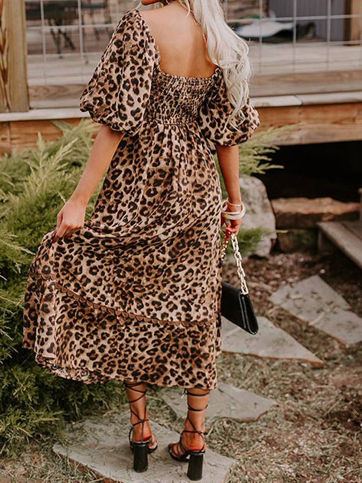 Brown Leopard Print Bubble Sleeve Square Neck Maxi Dress for wholesale on Faire