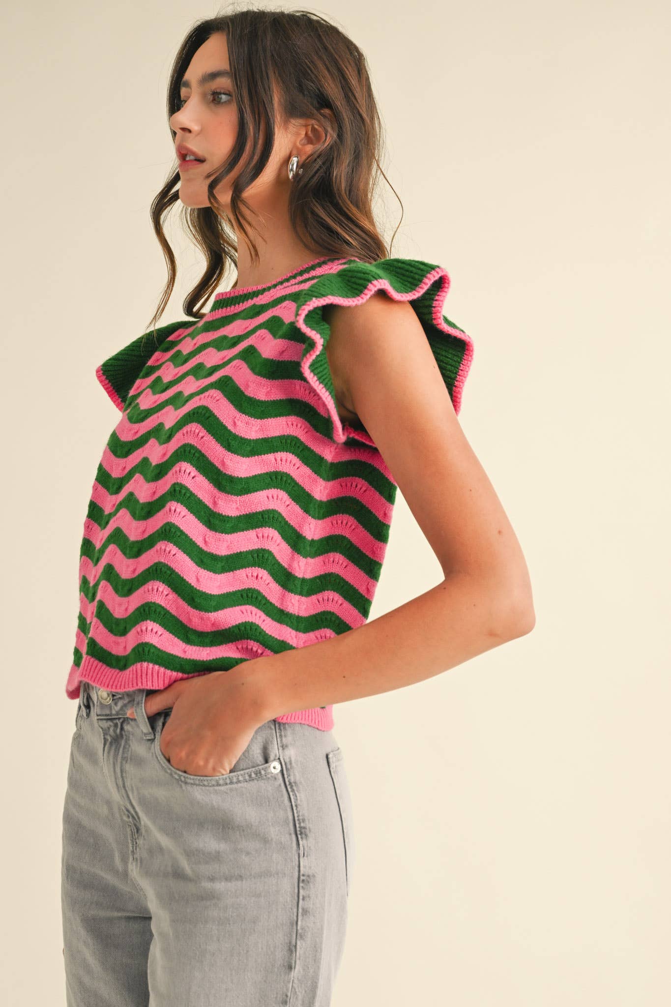 &MERCI - Wholesale Knit Sweater - Women's - WAVY STRIPES FLUTTER SLEEVE SWEATER TOP MSW1050939