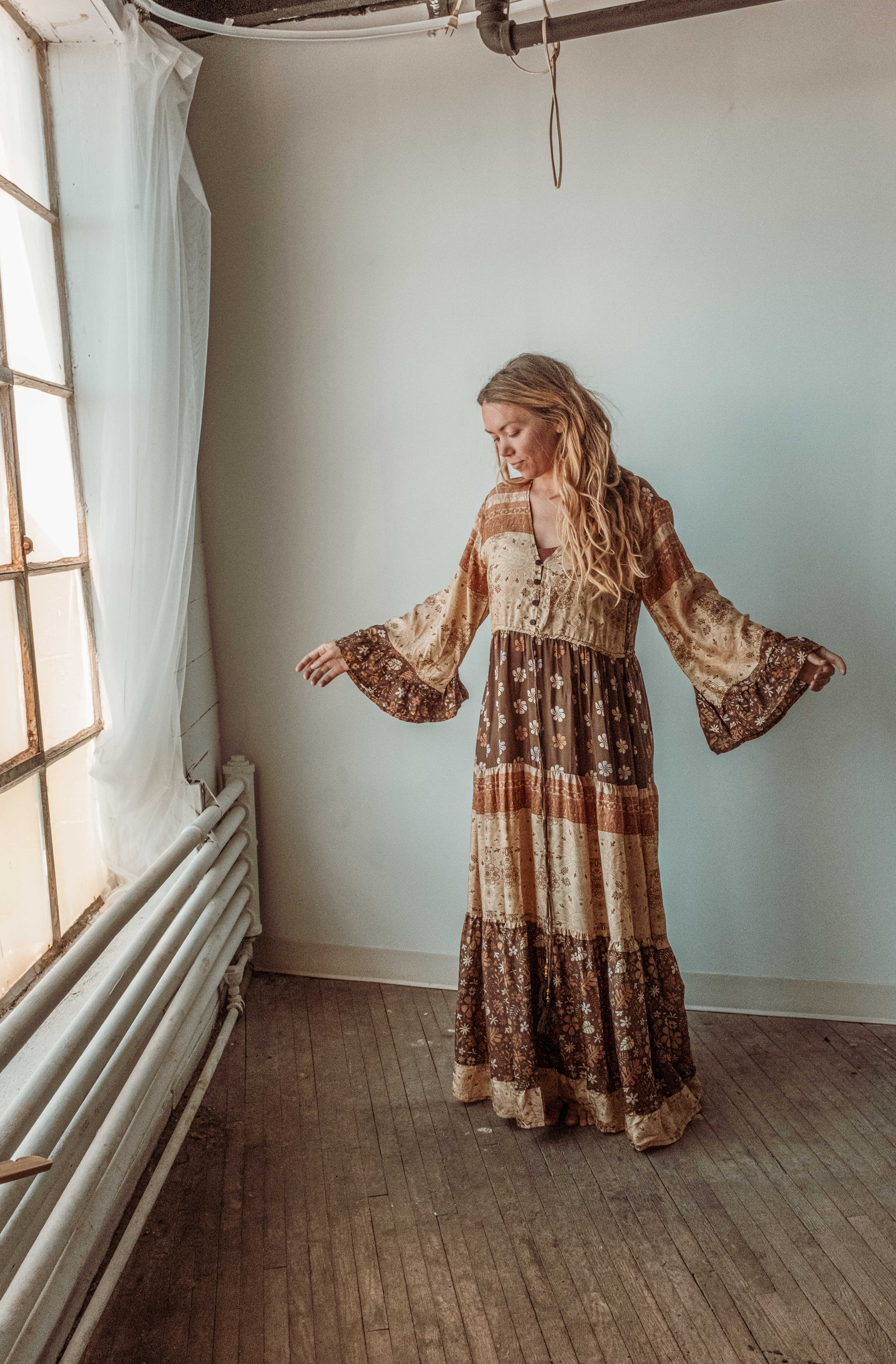 Gardenbelle Shop – wholesale Dress – Women's – Boho Hippie Maxi Dress, Earthy Solstice Bell Sleeve Dress15