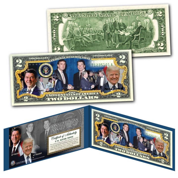 Donald Trump en Ronald Reagan echt wettig betaalmiddel van twee dollar in luxe vinylfolio - Wordt snel en gratis naar de VS verzonden! voor wholesale door The Merrick Mint