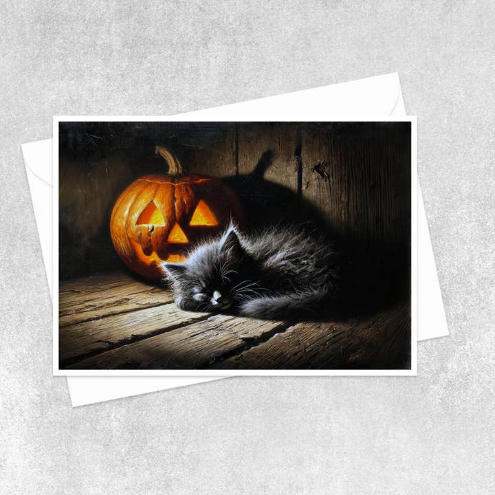 Spooky Slumber: Black Kitten and Pumpkin Blank Card 160RD for wholesale by Salty Alyce
