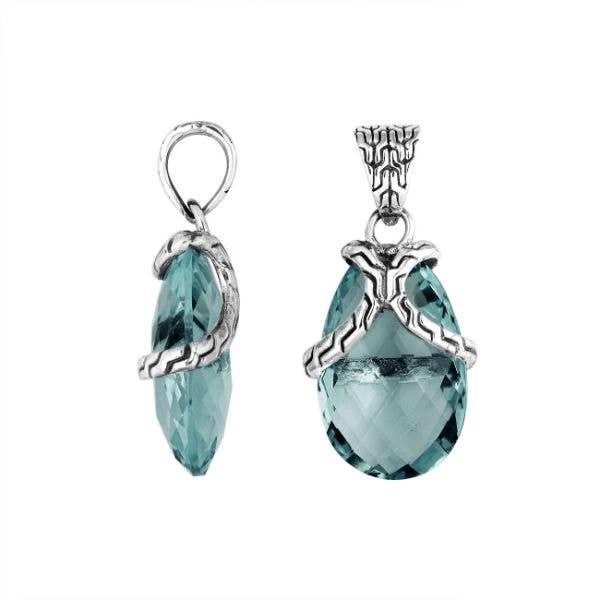 AP-6267-LBT Sterling Silver London Blue Topaz Quartz Pear Shape Pendant With Textured Bail Design And Mirror-Polished Traditional Balinese Finish for wholesale by Bali Designs