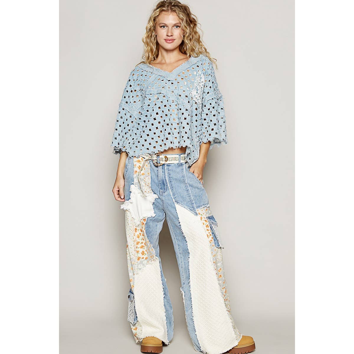 Pol Clothing - Vente Haut en maille – femme - Haut vintage délavé à manches courtes et poche avant12