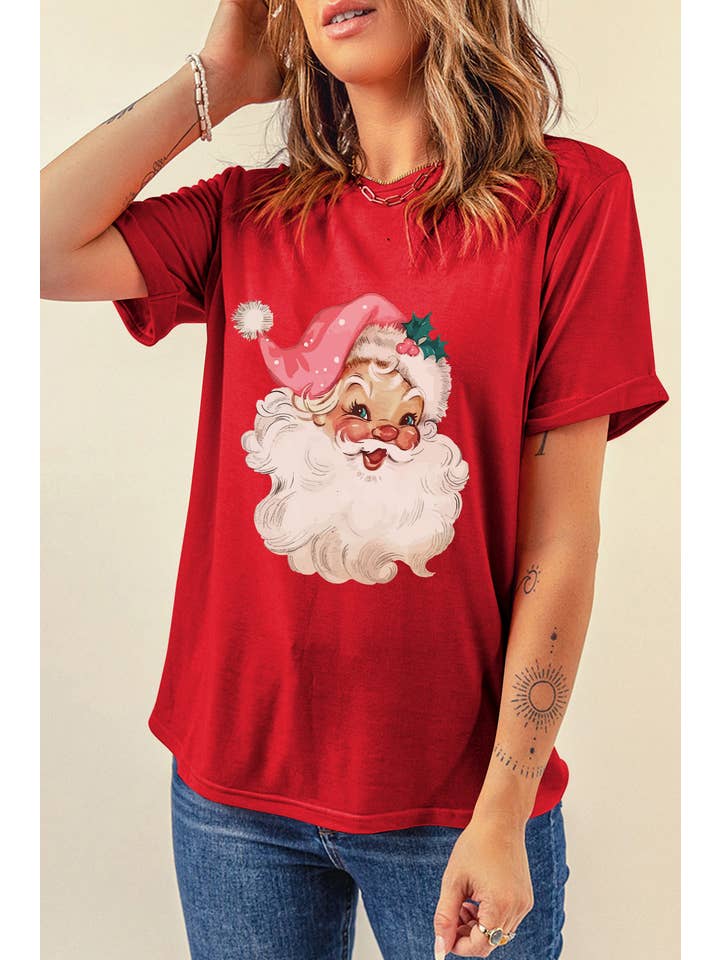 Red LDC Christmas Santa Claus Print Crew Neck T Shirt for wholesale on Faire