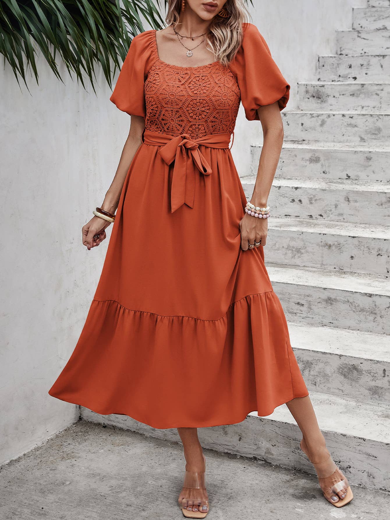 eLook - Wholesale Jurk - Dames - SZ1-DR1008 Midi-jurk met haakdetails en pofmouwen en riem20