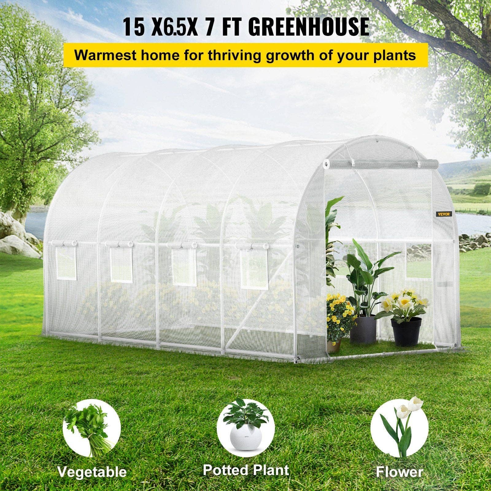 Hard Rock Health Stores - Wholesale Garden Tool - Walk-in Tunnel Greenhouse, 15 x 6.5 x 7 ft Portable Plant Hot House w/ Galvanized Steel Hoops1