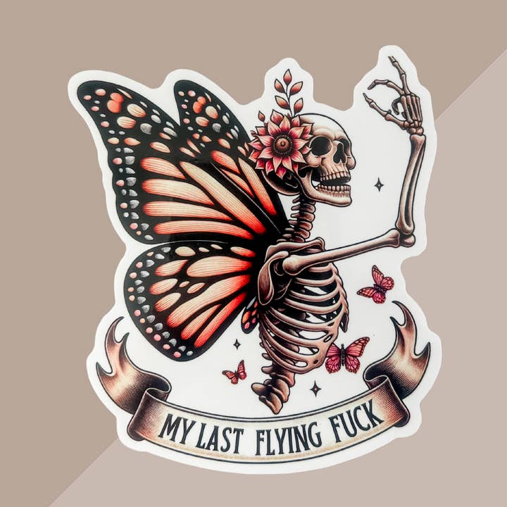 My Last Flying F***” Butterfly Skeleton Sticker – 4" for wholesale by BachFetti