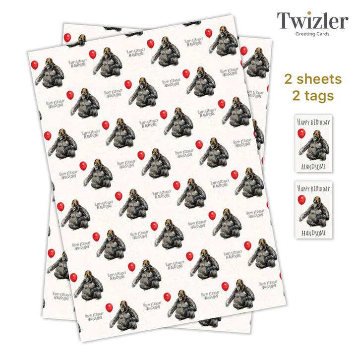 Wrap de Presente Aniversário - Gorilla bonito - 2 folhas 2 tags por atacado de Twizler Ltd