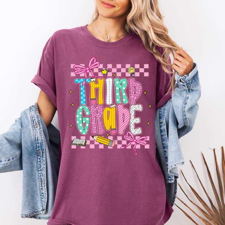 Third Grade, Teacher, Back to School, Checkered, Bow T-Shirt for wholesale by Refinery Number One LLC