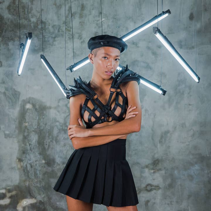 Modular Orbit Spiked Leather Harness + Epaulette for wholesale by JUNGLE TRIBE