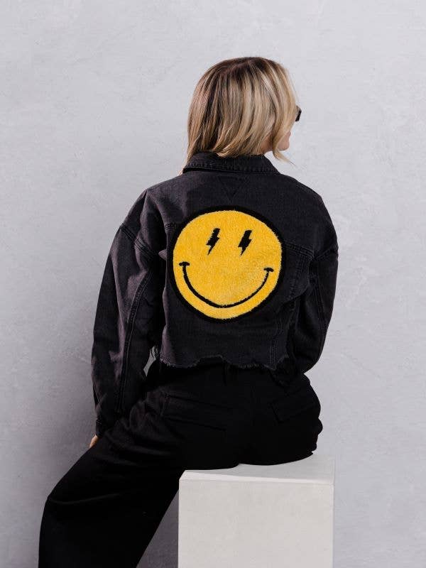 Trio Urban - Vente Veste en jean – femme - Veste courte en jean jaune Smiley Face20