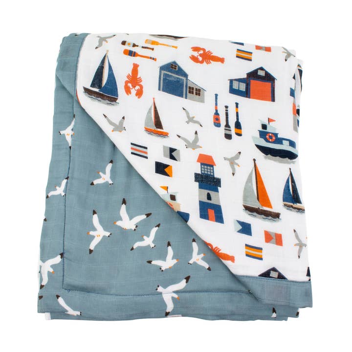 Nautical + Seagulls Oh-So-Soft Muslin Snuggle Blanket for wholesale by Bebe au Lait