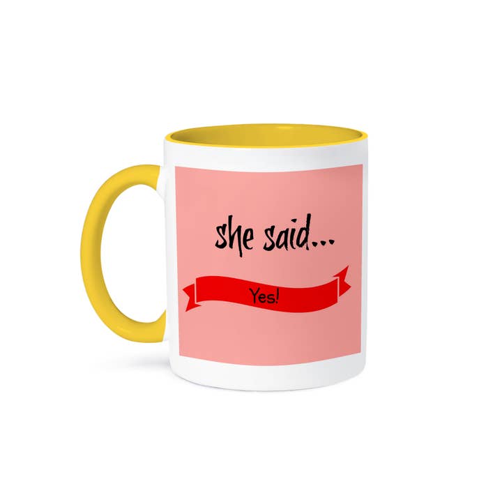 3dRose - Wholesale Coffee Mug - 3dRose, she said yes, black lettering on red ribbon, pink background, Mug