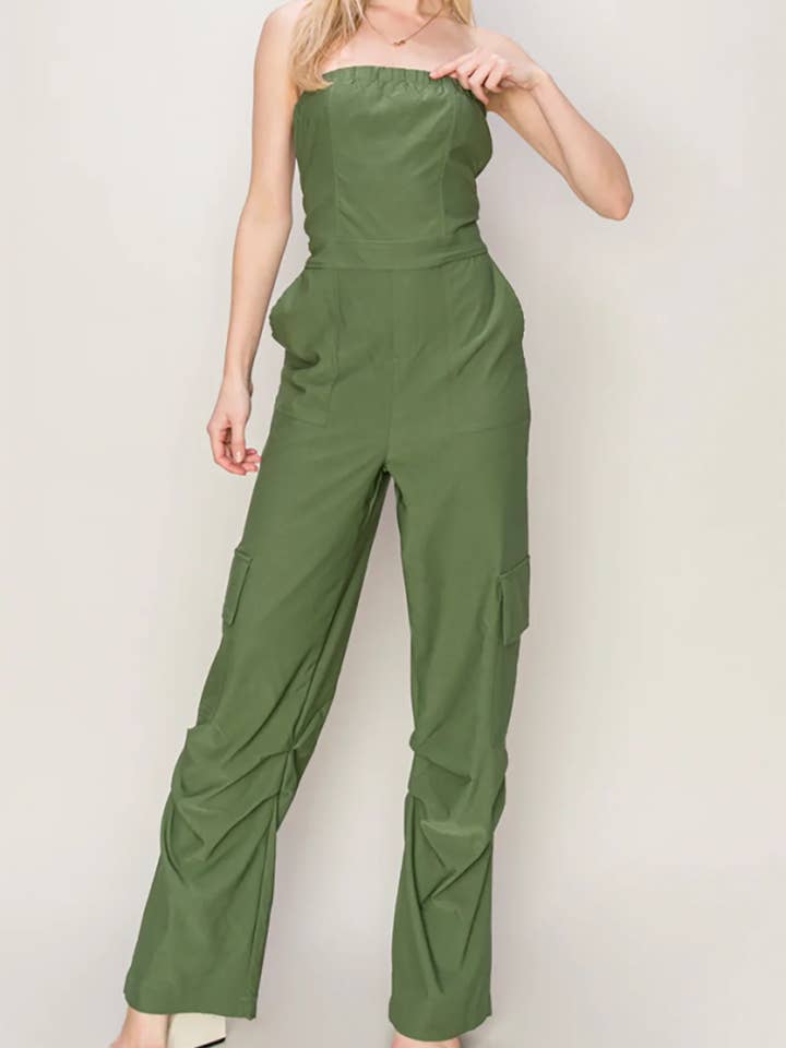 Tasha Apparel Wholesale – Macacão - Mulher por atacado – Macacão Cargo Sem Alças com Bolsos Utilitários - Macacão de Pernas Largas da Boutique da Moda