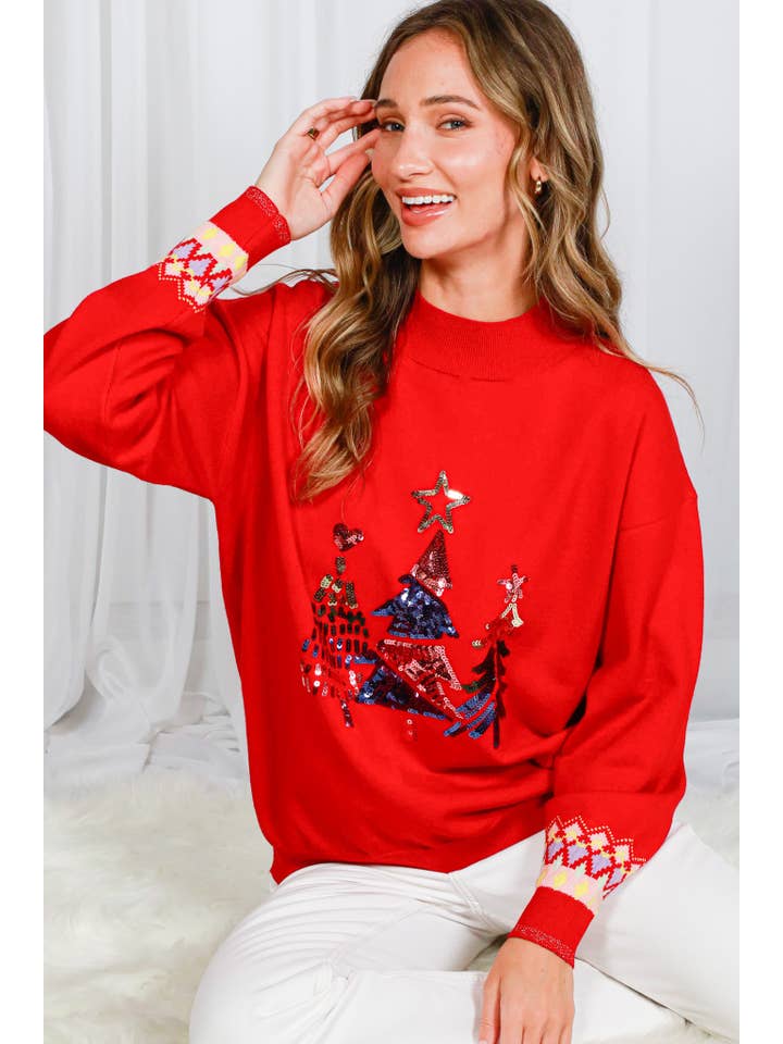 Vine & Love - Wholesale Knit Sweater - Women's - Christmas Tree Embroidery Sequin Crew Neck Sweater VT82023