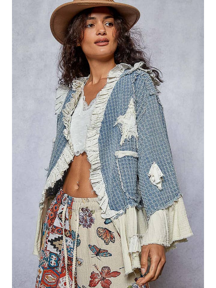 Pol Clothing - Wholesale Denim Jacket - Women's - 3/4 sleeve double gauze ruffle star denim woven jacket9