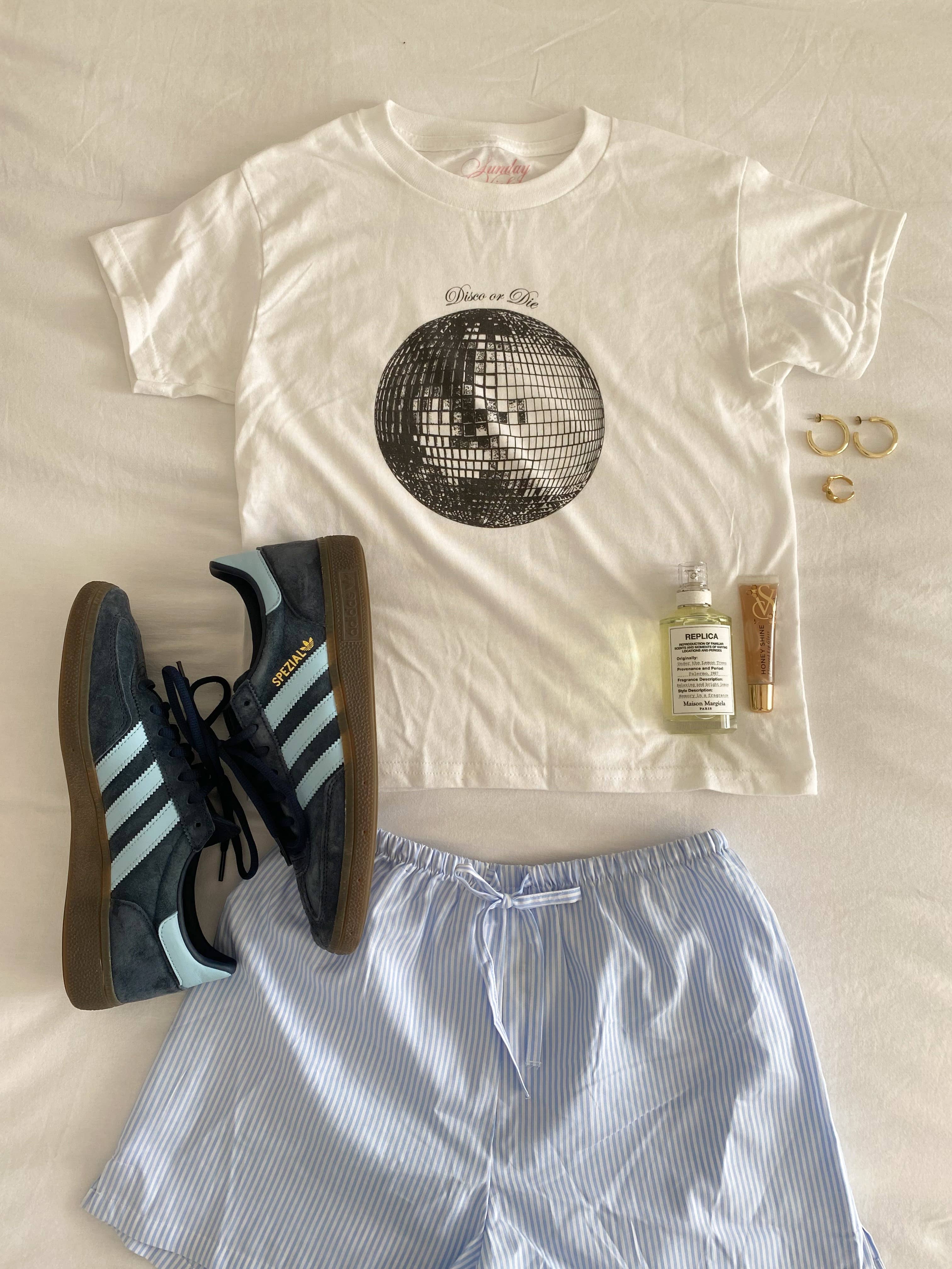 White Disco or Die Baby Tee for wholesale on Faire2