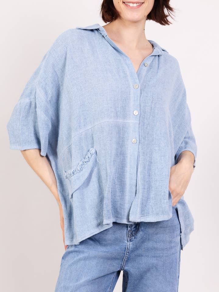 Asymmetrical Loose Blouse with 3/4 Sleeve and Pocket 50% Linen for wholesale by L'Emotion
