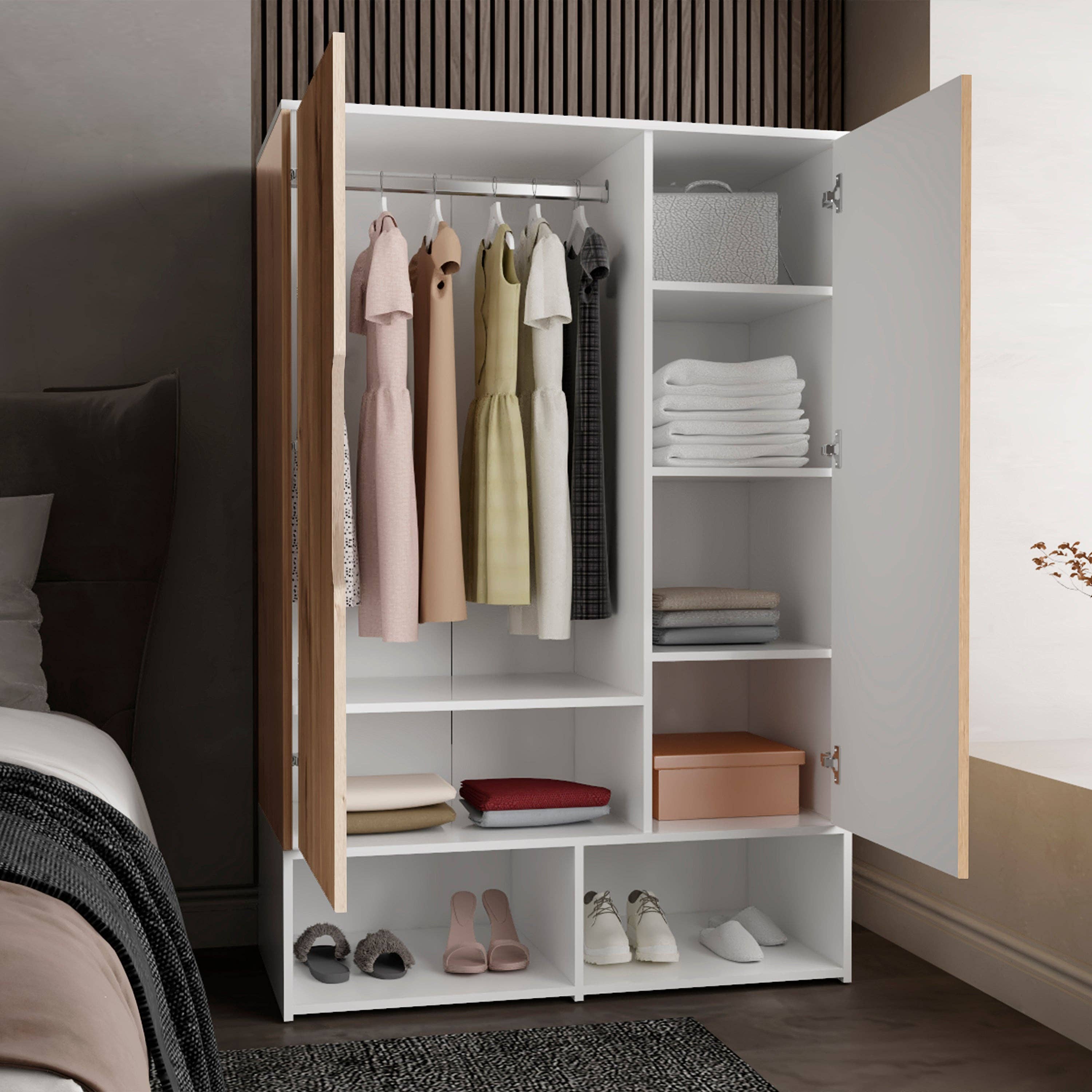 Light Oak White Rosie armoire, two open shelves, double door, hanging rod for wholesale on Faire8