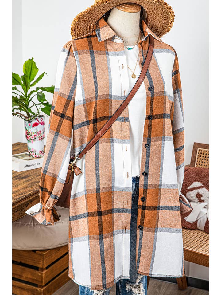 AS SHOWN Fashion-W Plaid Collared Neck Ruffled Sleeve Shirt Dress for wholesale on Faire