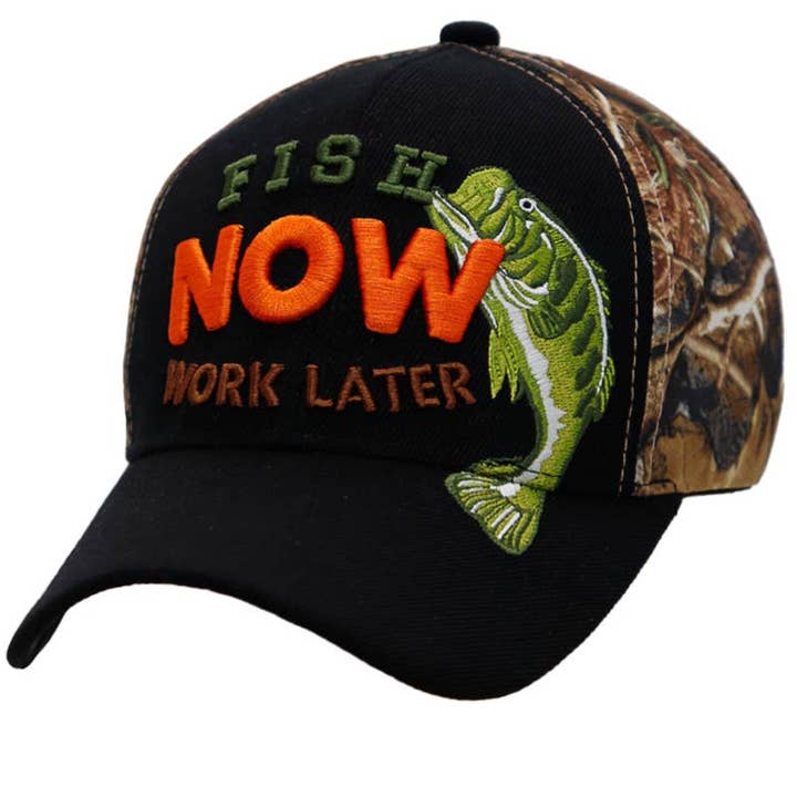 Cap Zone - Wholesale Baseball Cap - Unisex - Fish Now Work Later Hunt Camo Acrylic Baseball Cap