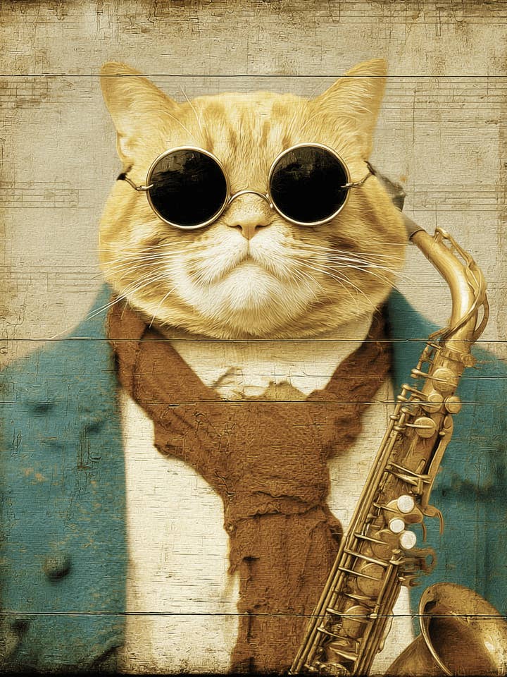 Impressão de Arte de Gato Saxofonista - Obra de Arte 20x25 cm por atacado de Mowbi