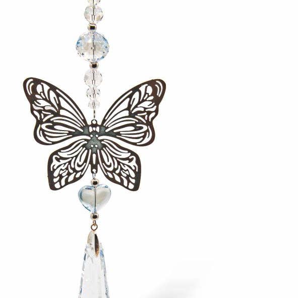 Austrian Crystal Suncatcher, Multi -faceted with Ornate Butterfly link and Long Drop Crystal for wholesale by Byzantium Collection Ltd
