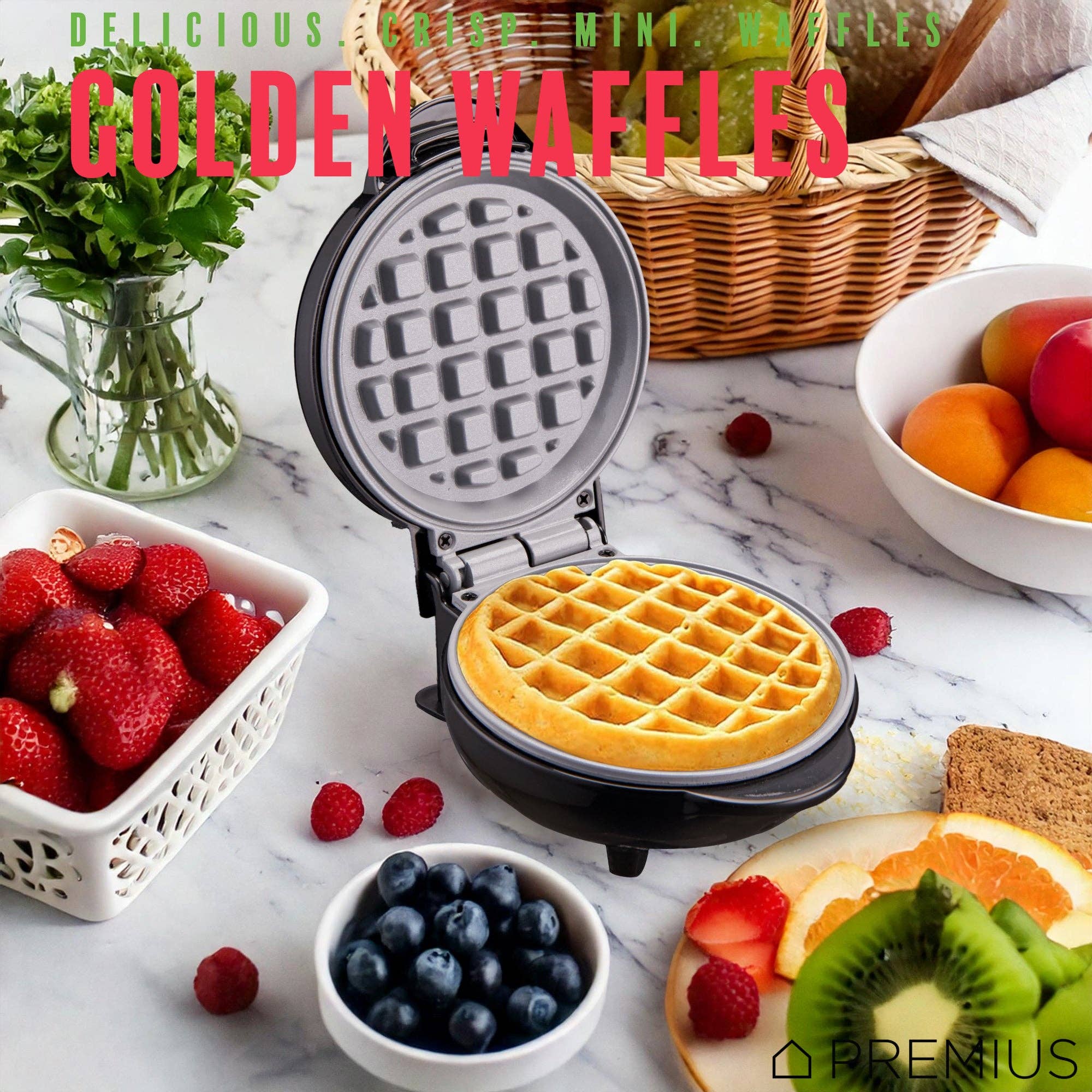 ShopBobbys - Wholesale Kitchen Appliance - PREMIUS Ceramic Non-Stick Mini Snack Waffle Maker, 4 Inch Mold9