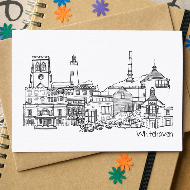 Whitehaven Skyline Landmarks Greetings Card for wholesale by Becka Griffin Illustration