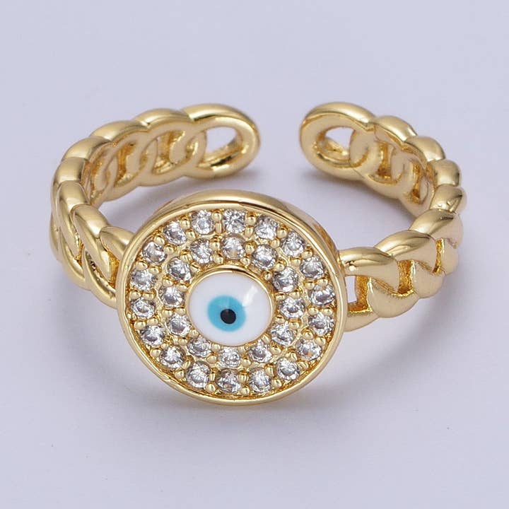 Elegante anillo redondo ajustable con símbolo de mal de ojo micro pavé para venta al por mayor de Aim Eternal