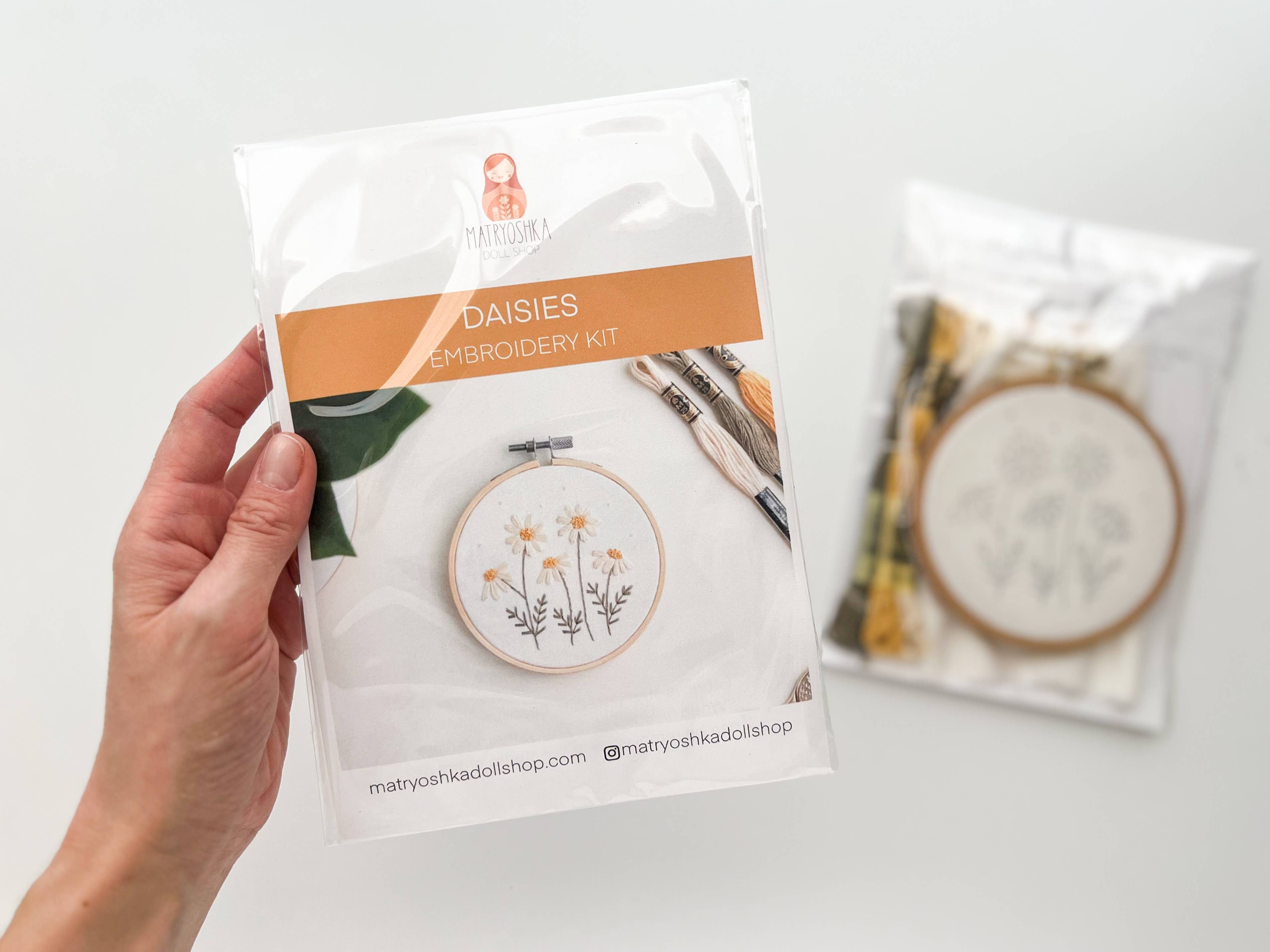 Matryoshka Doll Shop - Wholesale Embroidery/Cross Stitch Supplies - Daisies Embroidery Kit, 4” beginner embroidery craft kit6
