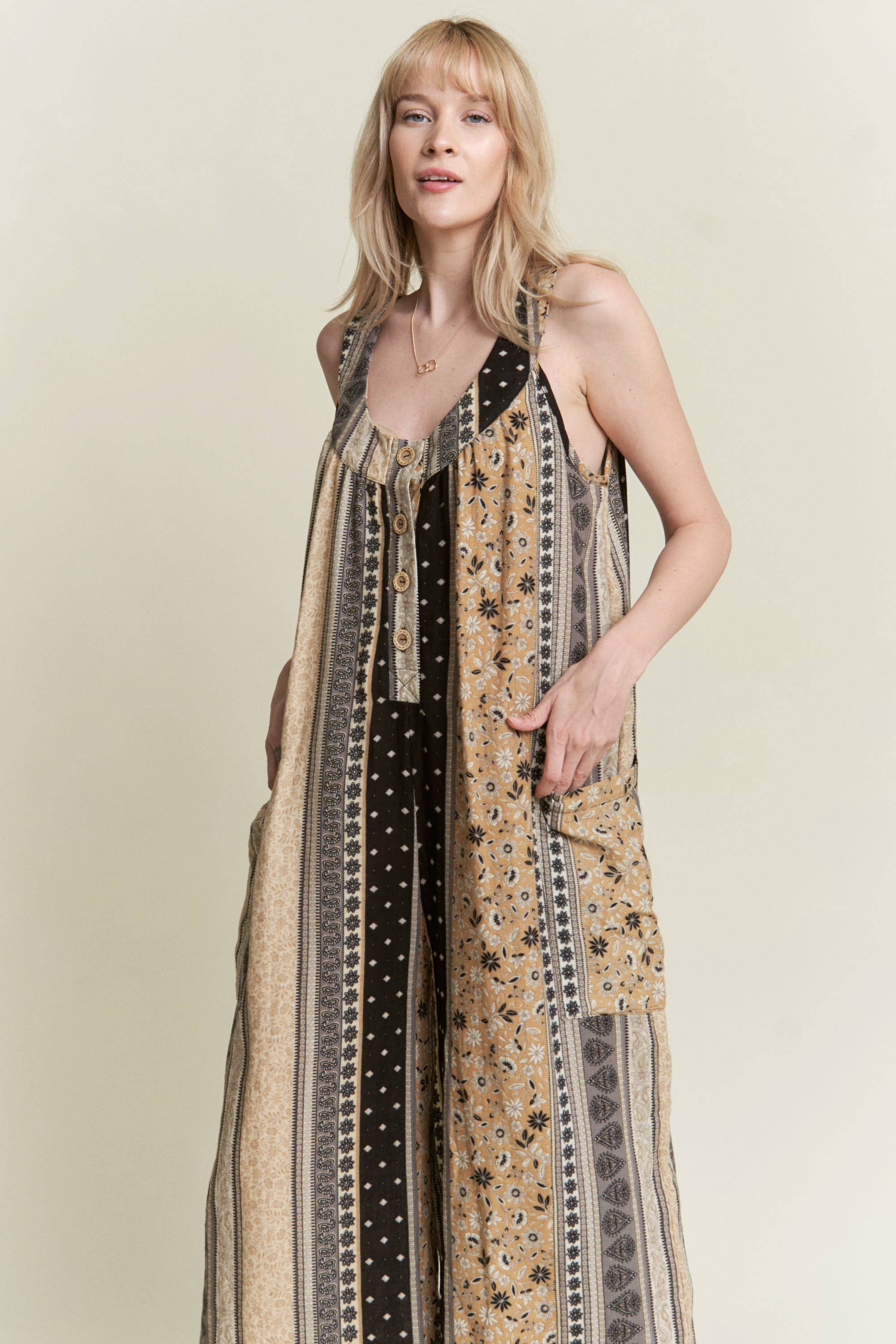 JADE BY JANE – Engroshandel Jumpsuit - Dame – ÆRMELØS FARVEBLOK BLOMSTERPRINT JUMPSUIT MED LIGE BEN2