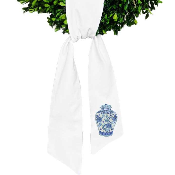 Chinoiserie Ginger Jar Wreath Sash for wholesale by Blythe Embroidery Co.