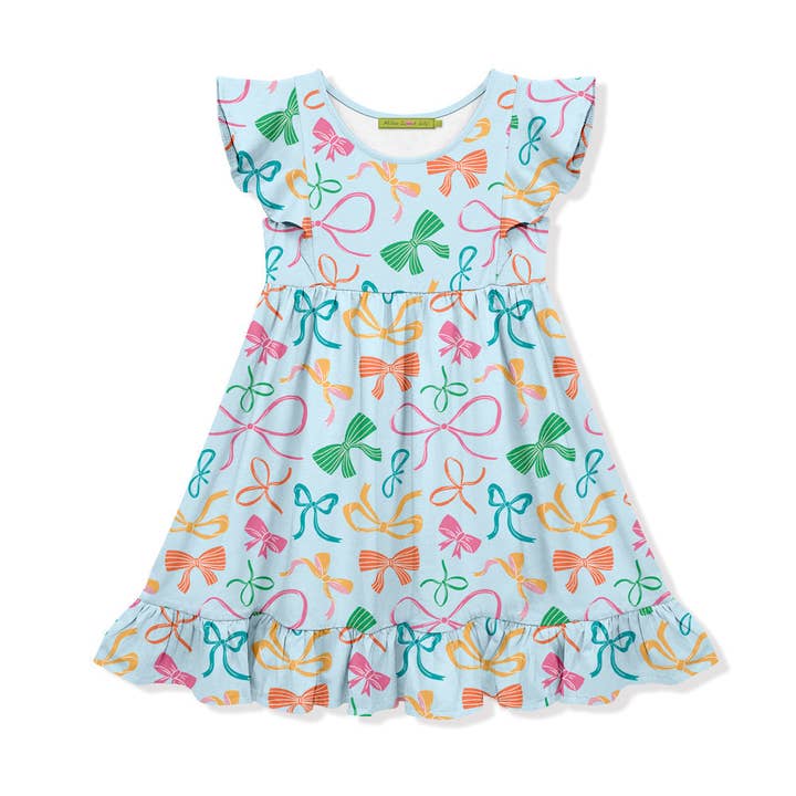 Kids Ice Blue Bows Angel-Sleeve Dress for wholesale by Millie Loves Lily