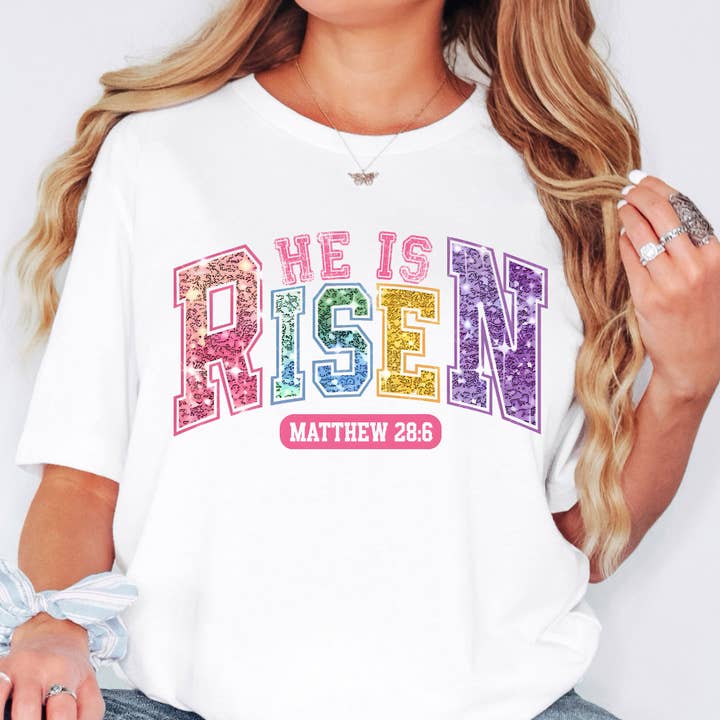 He Is Risen Matthew 28:6 White Easter Tee for wholesale by Simply Spoken Apparel