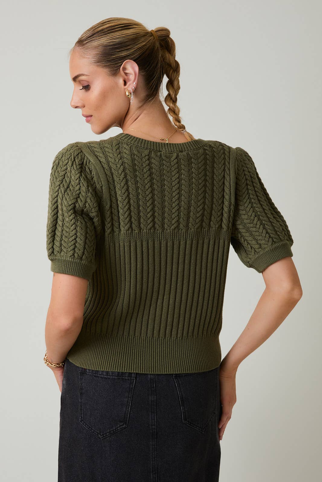 Sunday Edition by LE LIS - Wholesale Knit Sweater - Women's - ROUND NECK PUFF SHORT SLEEVE CABLE SWEATER10