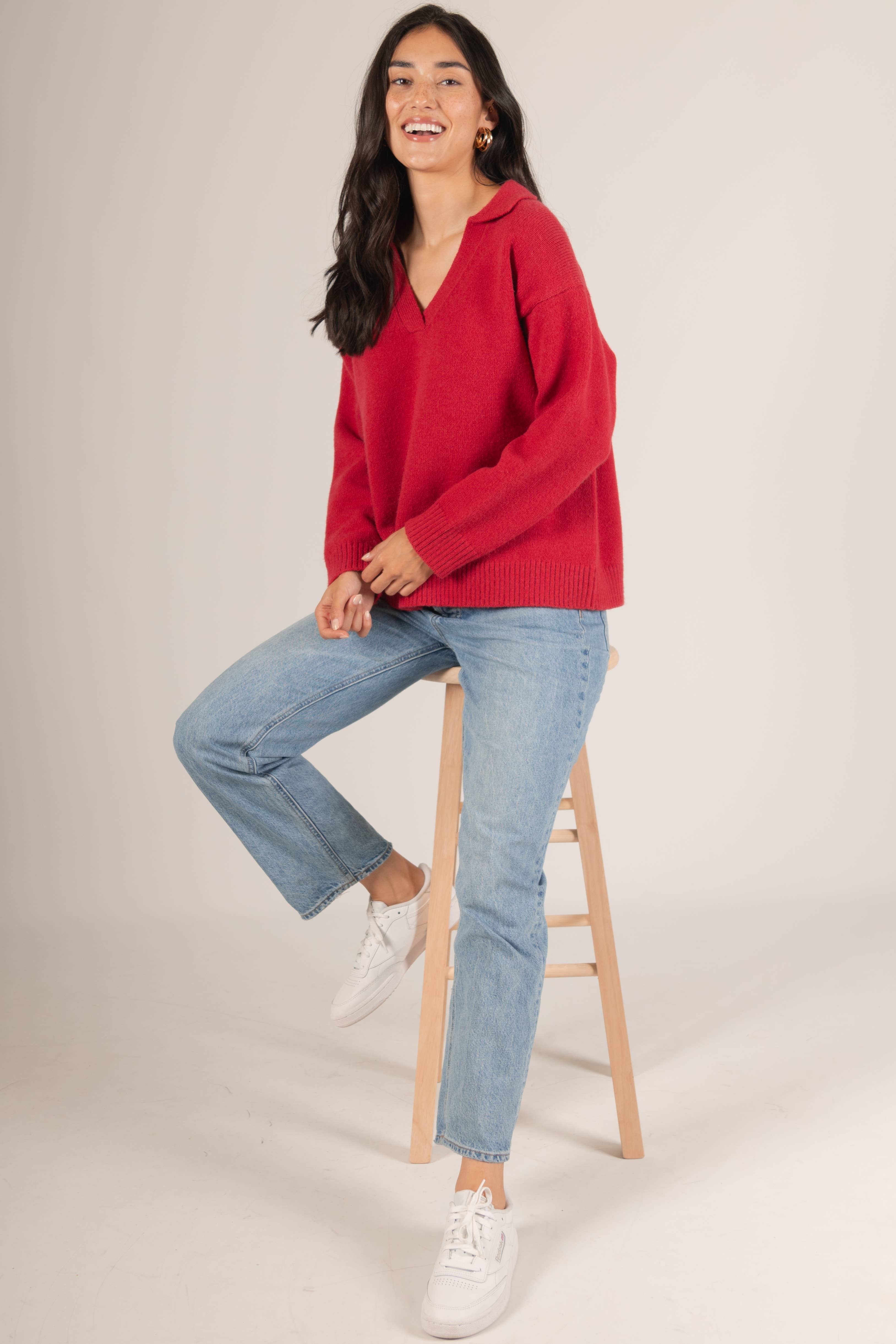 Dark Raspberry Knit Collared V Neck Ribbed Border Sweater Top	 for wholesale on Faire11