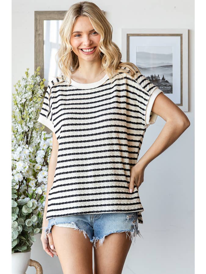 7th Ray - Venta al por mayor Jersey corto de punto - Mujer - Top de manga corta con abertura lateral y textura de rayas T586517